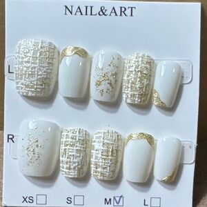 Press On Nails Medium Square White Gold Tweed Pattern Nail Art Medium